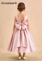Geranium Elegant Pink Satin Flower Girl Dress with Pearl Neckline & Oversized Back Bow - Sleeveless A-Line Princess Gown KD-246