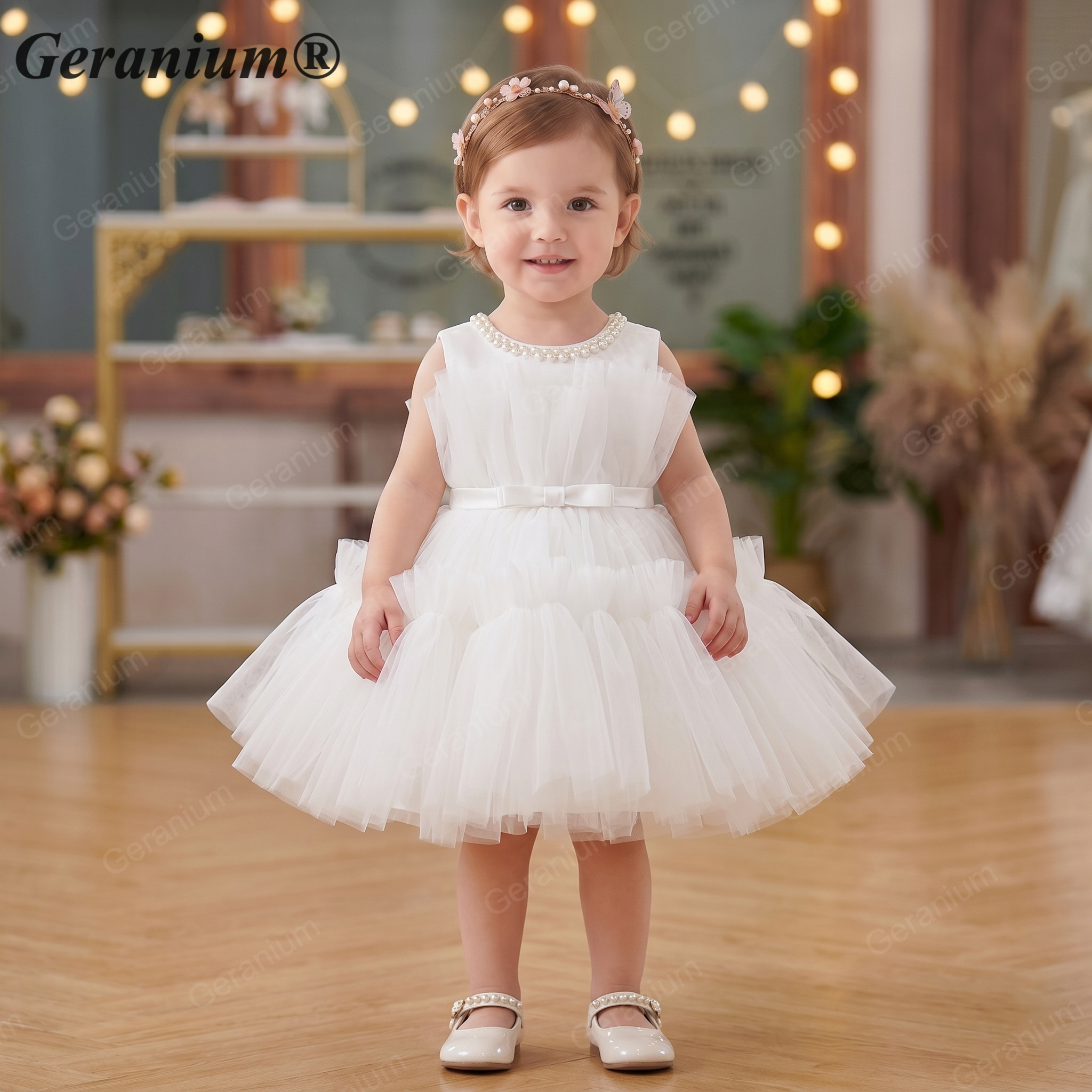 Geranium Elegant Pearl Neckline Tiered Tulle Flower Girl Dress - Sleeveless Ruffled Toddler Ball Gown for Weddings & Birthdays KD-43 Secondary image