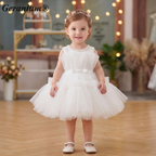 Geranium Elegant Pearl Neckline Tiered Tulle Flower Girl Dress - Sleeveless Ruffled Toddler Ball Gown for Weddings & Birthdays KD-43