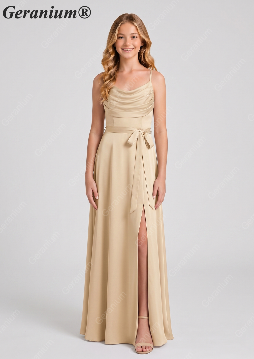 Geranium Elegant Cowl Neck Chiffon Junior Bridesmaid Dress with Side Slit KD-311