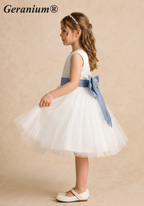Geranium Elegant White Tulle Flower Girl Dress with Dusty Blue Pleated Sash & Oversized Back Bow KD-218