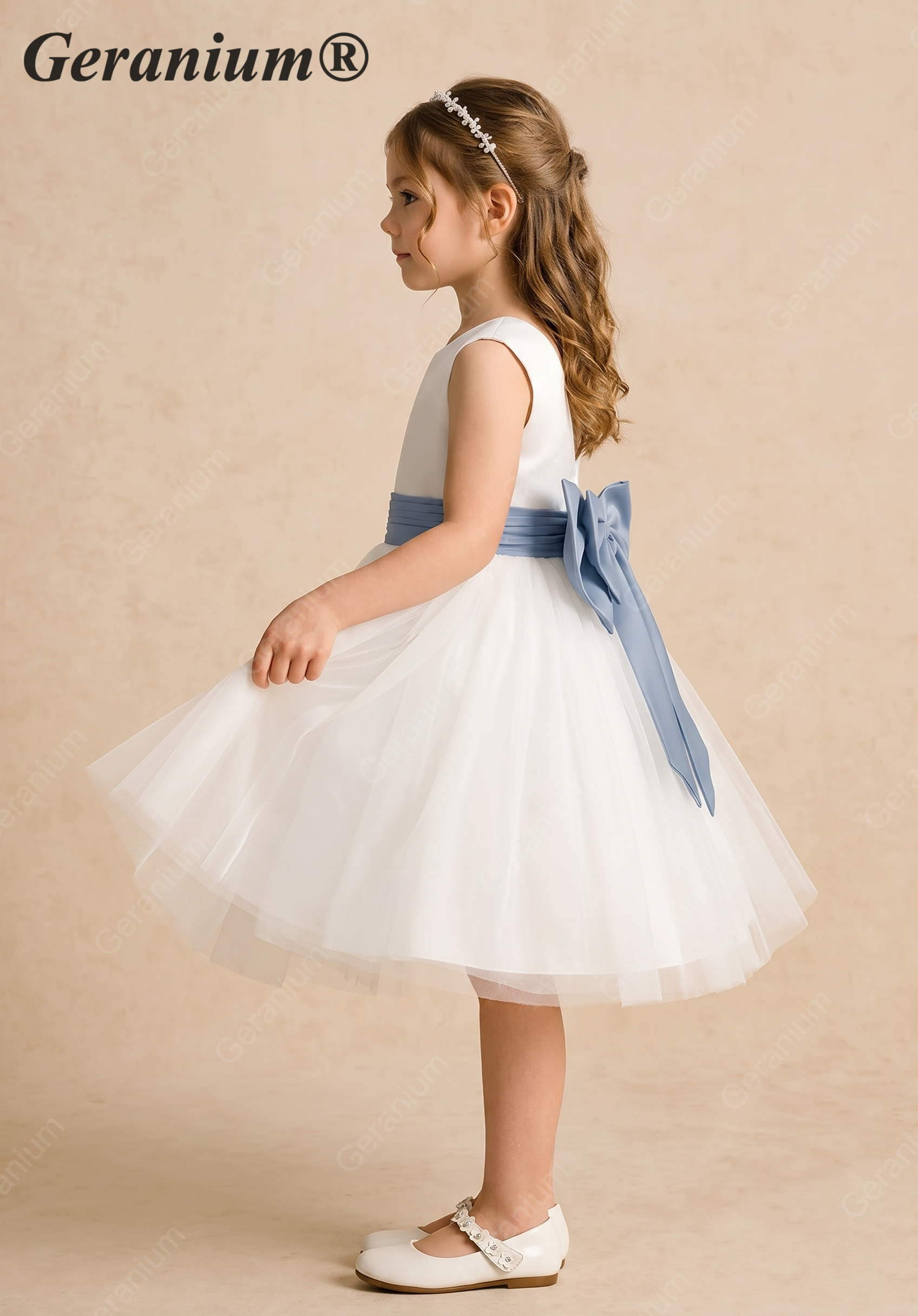 Geranium Elegant White Tulle Flower Girl Dress with Dusty Blue Pleated Sash & Oversized Back Bow KD-218