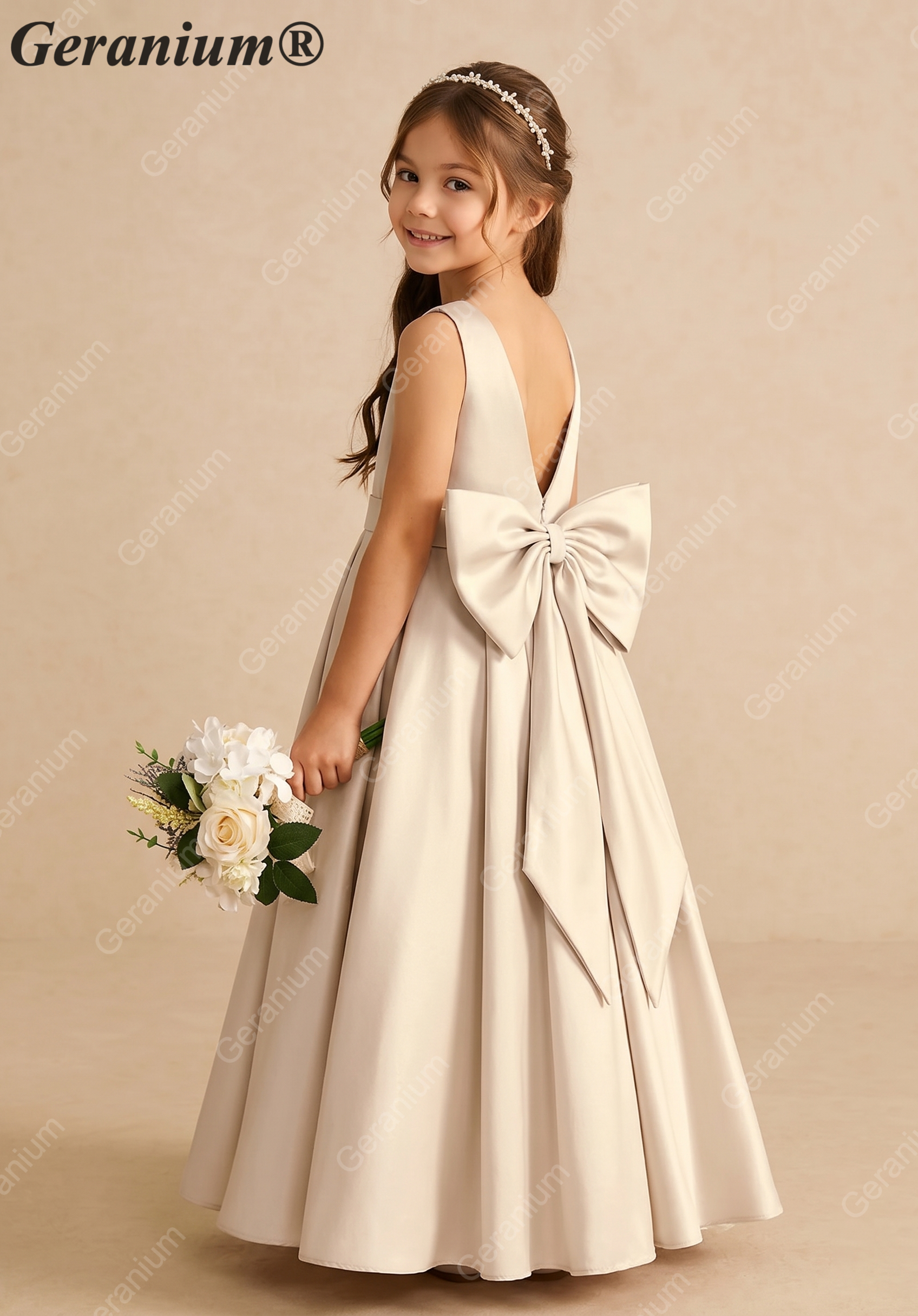 Geranium Elegant Champagne Satin Flower Girl Dress - Back Big Bow A-Line Communion & Party Gown KD-196