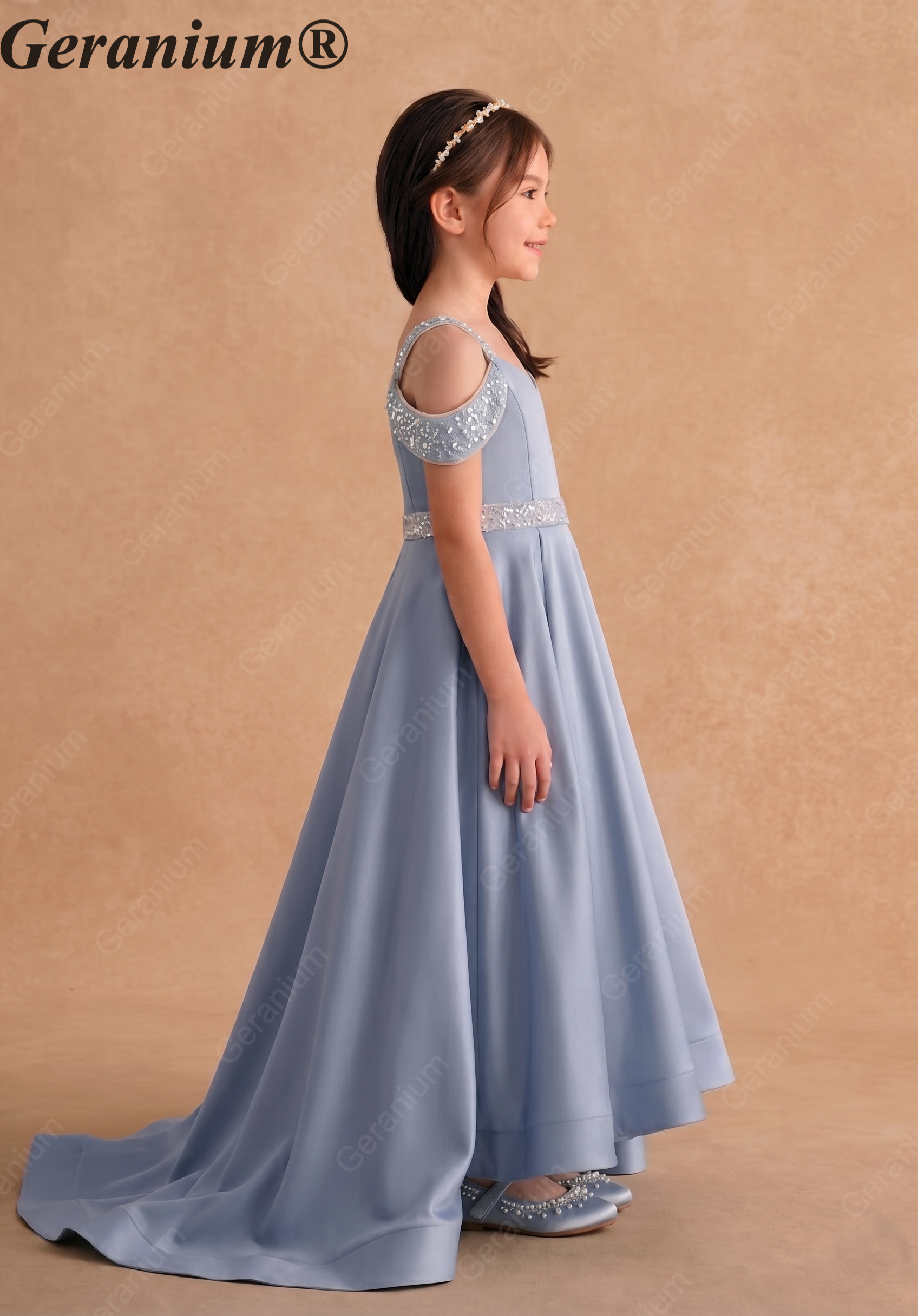 Geranium Ice Blue Satin Cold-Shoulder Flower Girl Dress with Sequin Waist & Long Train KD-263