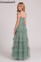 Geranium Fairy-tale Square Neck Tiered Tulle Gown with Corset Bodice for Bridesmaid & Prom KD-325