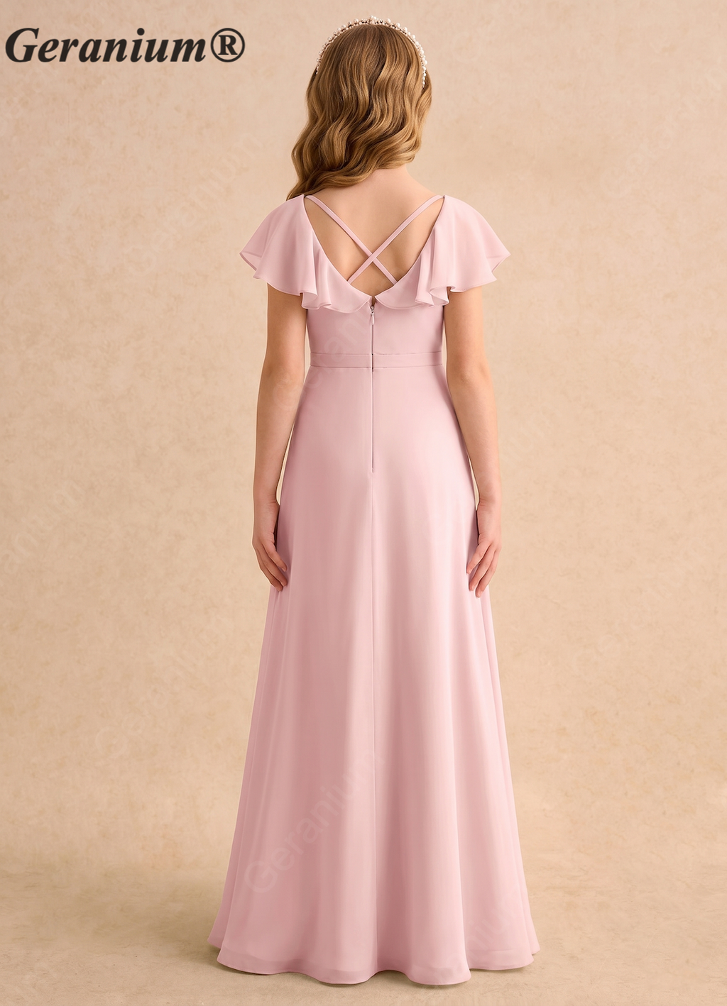 Geranium Elegant Chiffon Flutter Sleeve Junior Bridesmaid Dress with Criss-Cross Back KD-147