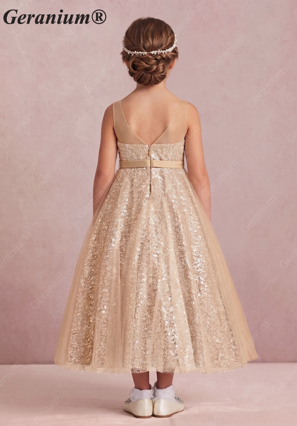 Geranium Luxury Champagne Gold Sequin Flower Girl Dress - Illusion Neckline Tulle Ball Gown for Kids KD-267