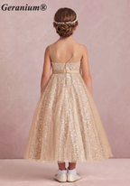 Geranium Luxury Champagne Gold Sequin Flower Girl Dress - Illusion Neckline Tulle Ball Gown for Kids KD-267