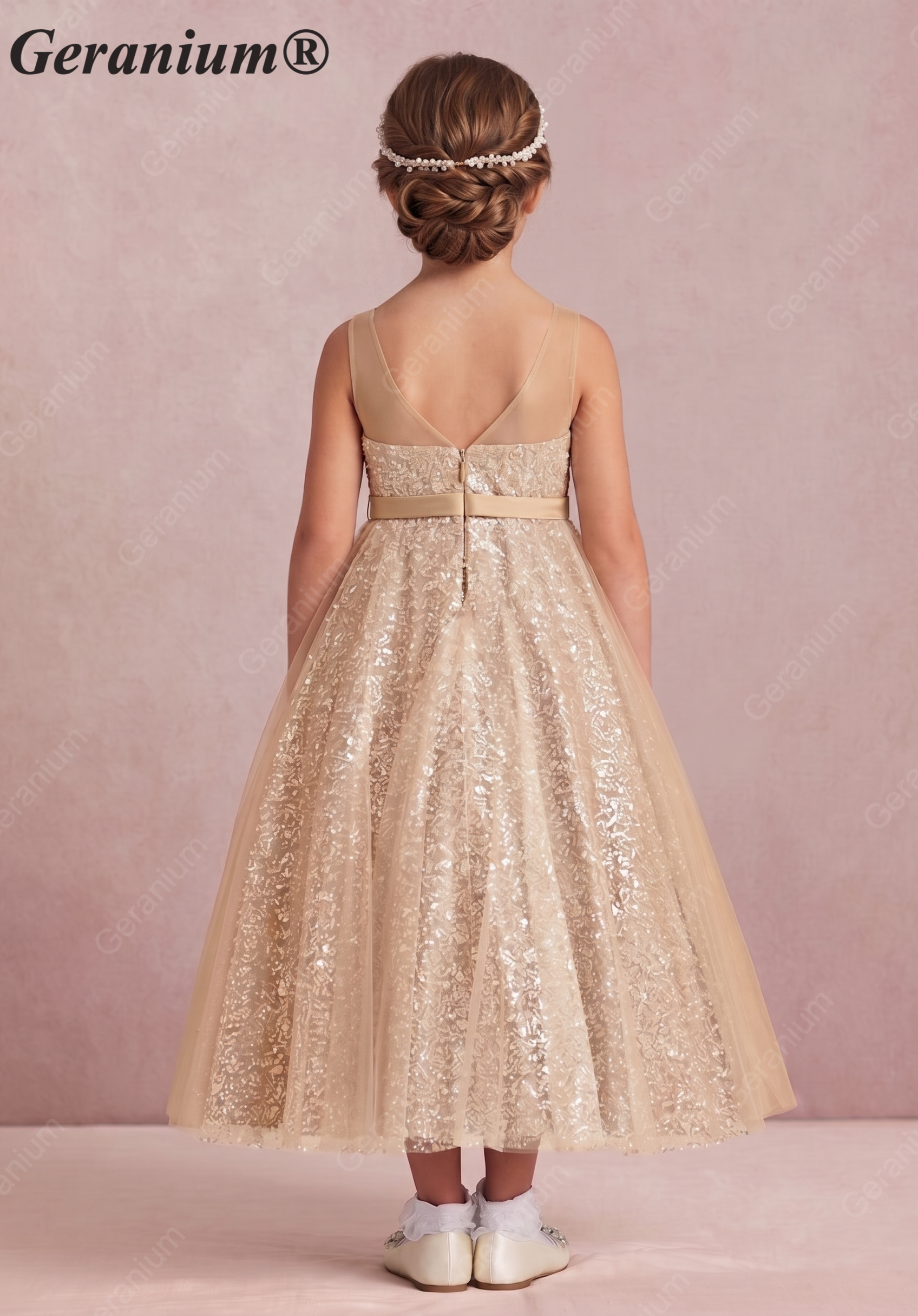 Geranium Luxury Champagne Gold Sequin Flower Girl Dress - Illusion Neckline Tulle Ball Gown for Kids KD-267