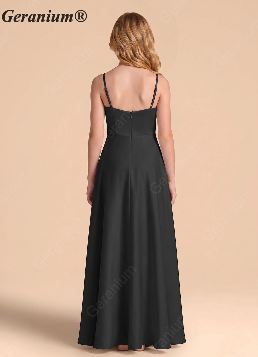 Geranium Elegant Black Spaghetti Strap High-Low Bridesmaid Dress with Draped Bodice KD-135