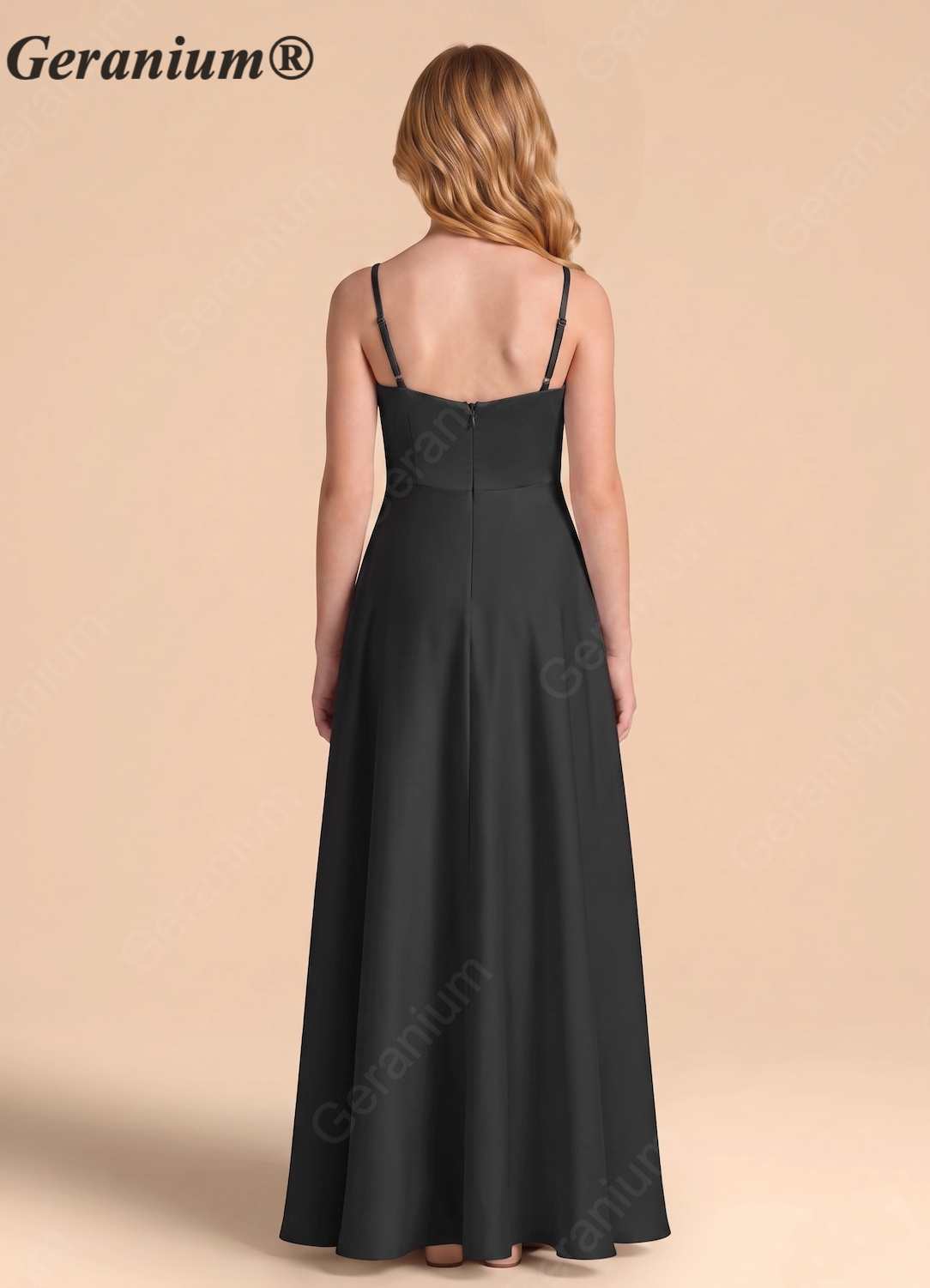 Geranium Elegant Black Spaghetti Strap High-Low Bridesmaid Dress with Draped Bodice KD-135