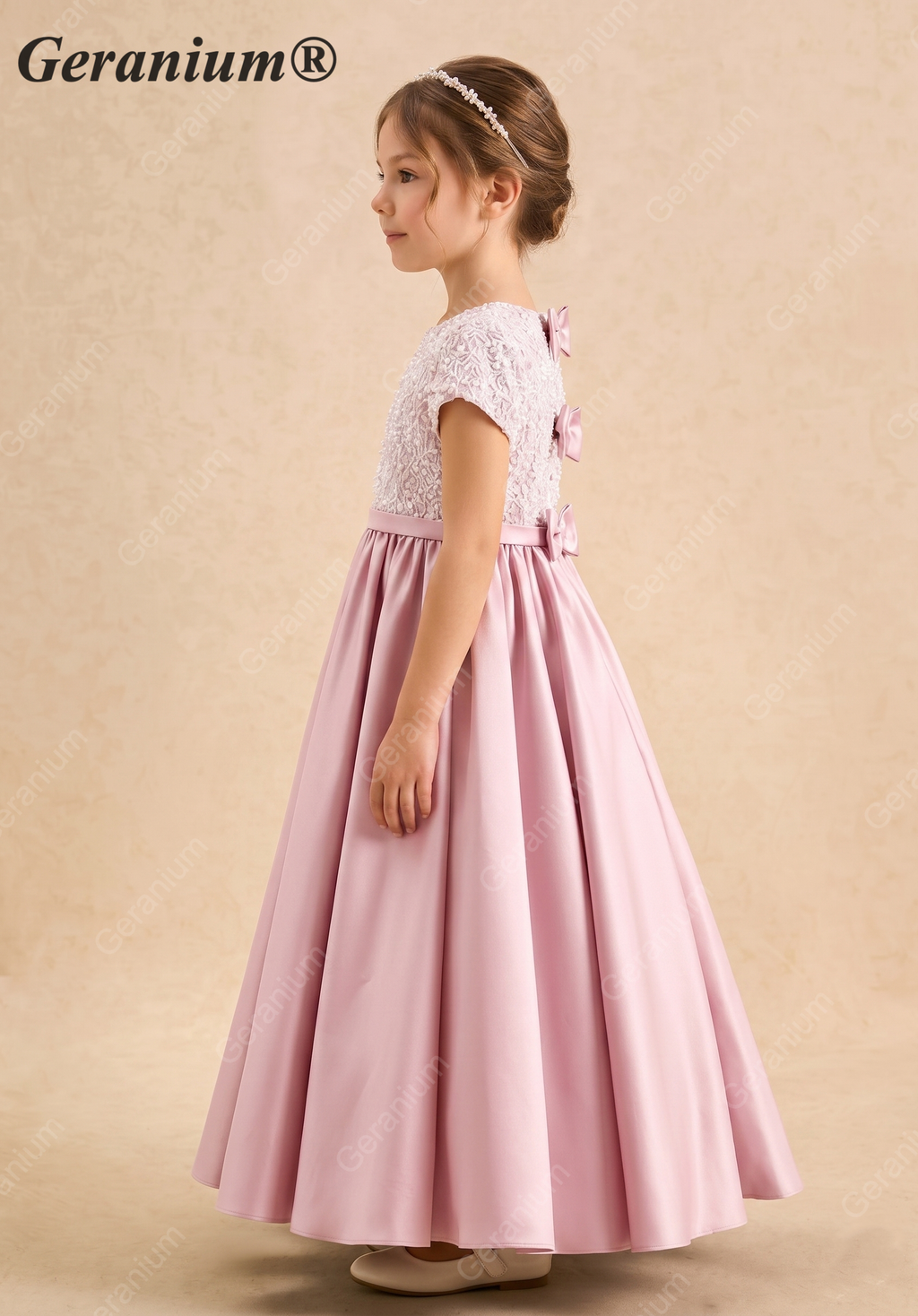 Geranium Elegant Pink Pearl Beaded Lace Flower Girl Dress with Triple Bow Back & Satin A-Line Skirt KD-237