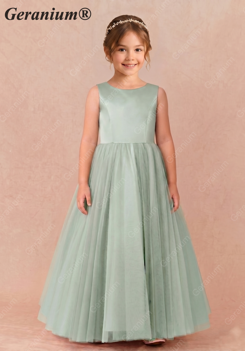 Geranium Heart Back Sage Green Tulle Flower Girl Dress with Oversized Bow KD-258
