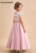 Geranium Elegant Pink Pearl Beaded Lace Flower Girl Dress with Triple Bow Back & Satin A-Line Skirt KD-237