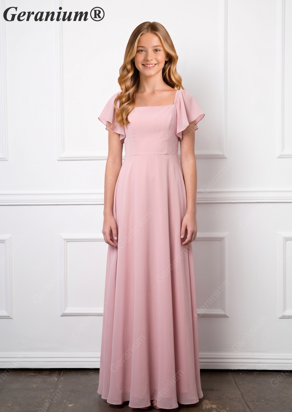 Geranium Elegant Chiffon Square Neck Junior Bridesmaid Dress with Flutter Sleeves & Slit KD-308