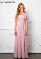 Geranium Elegant Chiffon Square Neck Junior Bridesmaid Dress with Flutter Sleeves & Slit KD-308