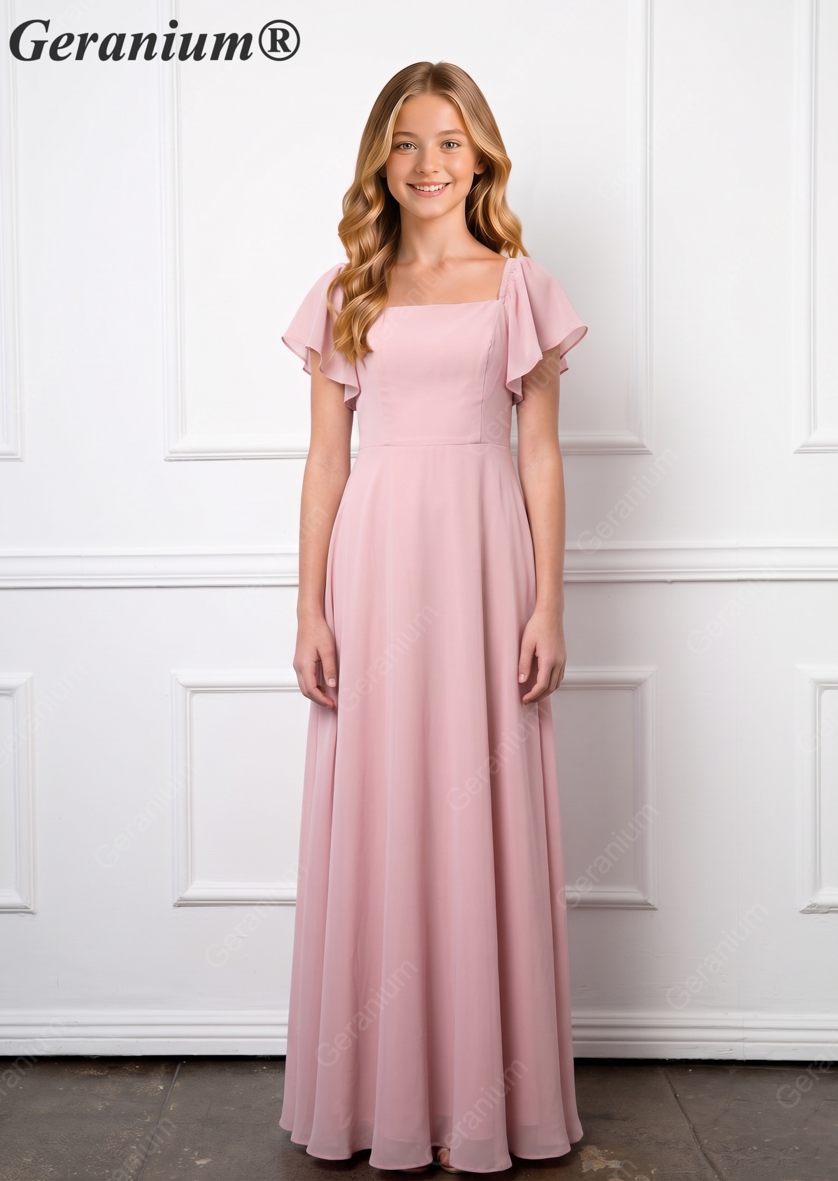 Geranium Elegant Chiffon Square Neck Junior Bridesmaid Dress with Flutter Sleeves & Slit KD-308