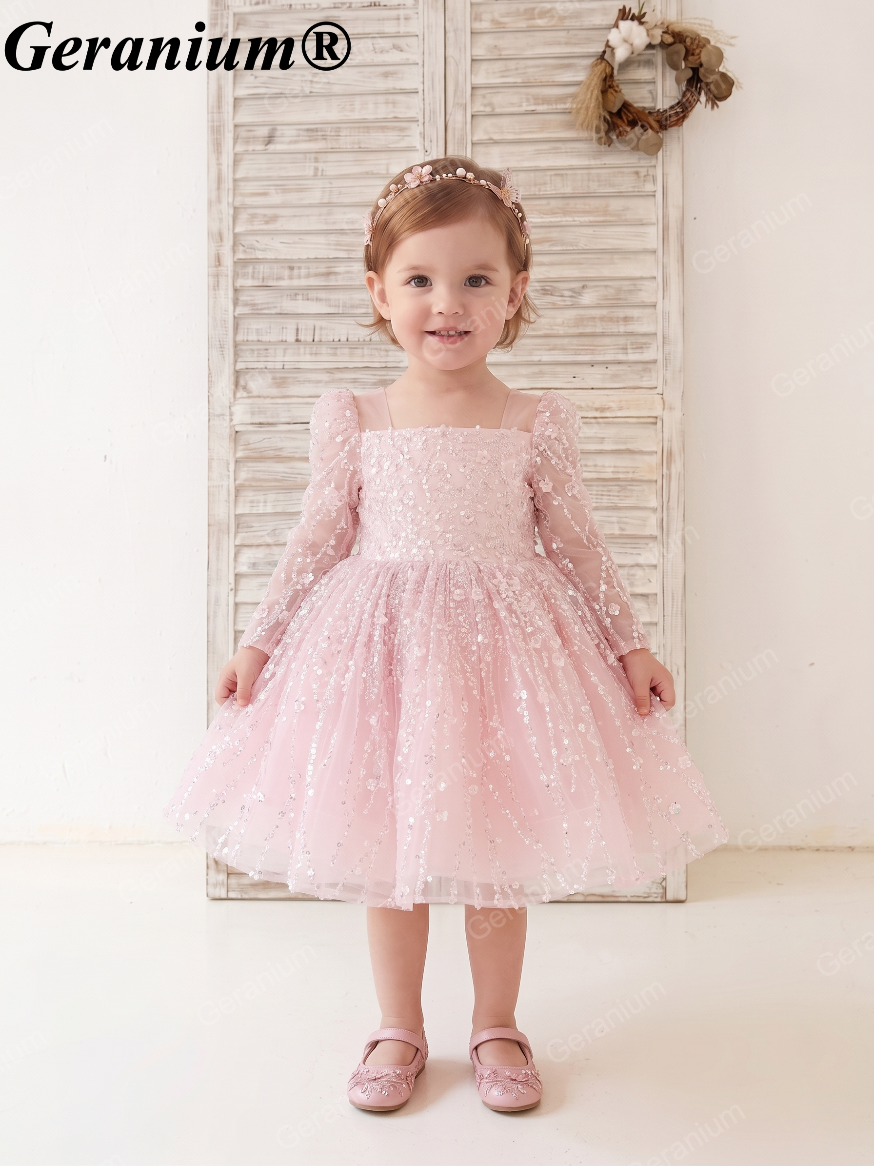 Geranium Sparkling Sequin Flower Girl Dress with Oversized Back Bow - Long Sleeve Illusion Princess Gown KD-37 Main image