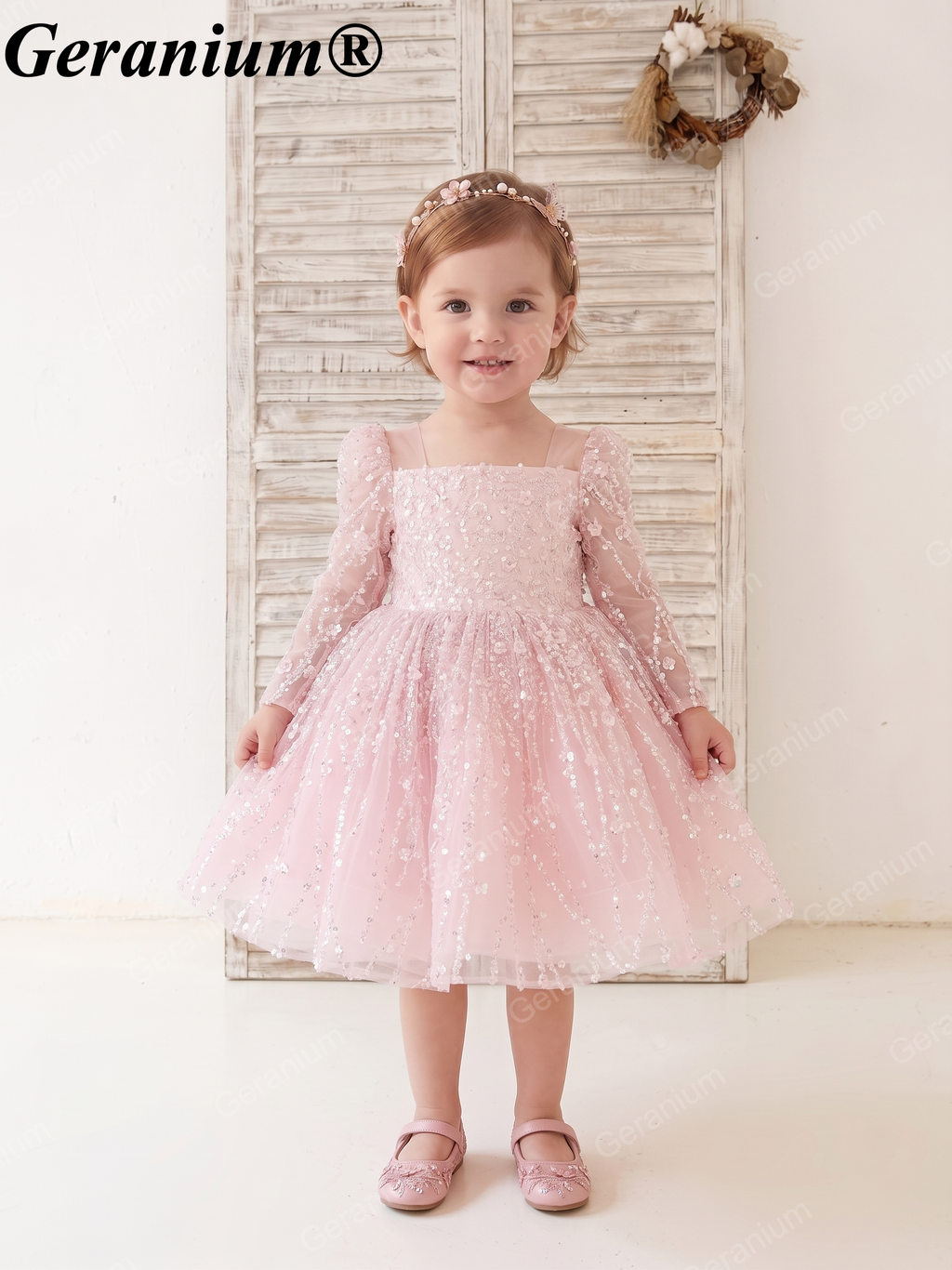 Geranium Sparkling Sequin Flower Girl Dress with Oversized Back Bow - Long Sleeve Illusion Princess Gown KD-37
