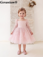 Geranium Sparkling Sequin Flower Girl Dress with Oversized Back Bow - Long Sleeve Illusion Princess Gown KD-37