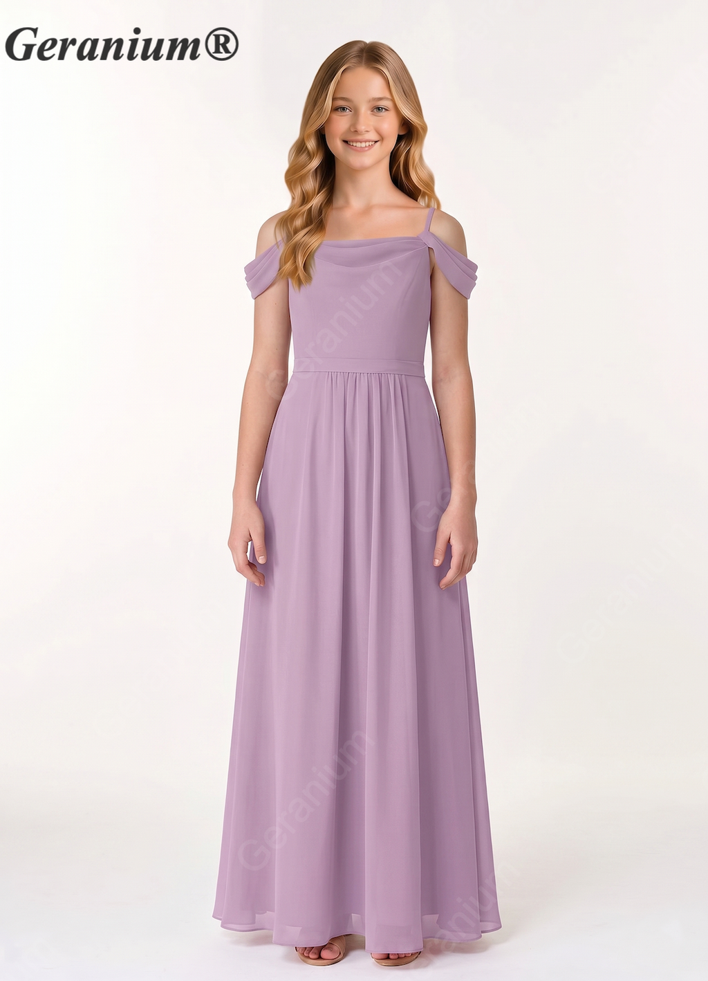 Geranium Junior Lavender Chiffon Off-Shoulder Bridesmaid Dress – A-Line Floor Length KD-58
