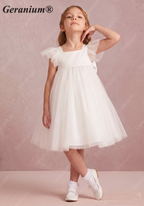 Geranium Girl's Tulle Princess Dress with Back Bow - Flutter Sleeve Flower Girl Gown for Weddings and Parties KD-242