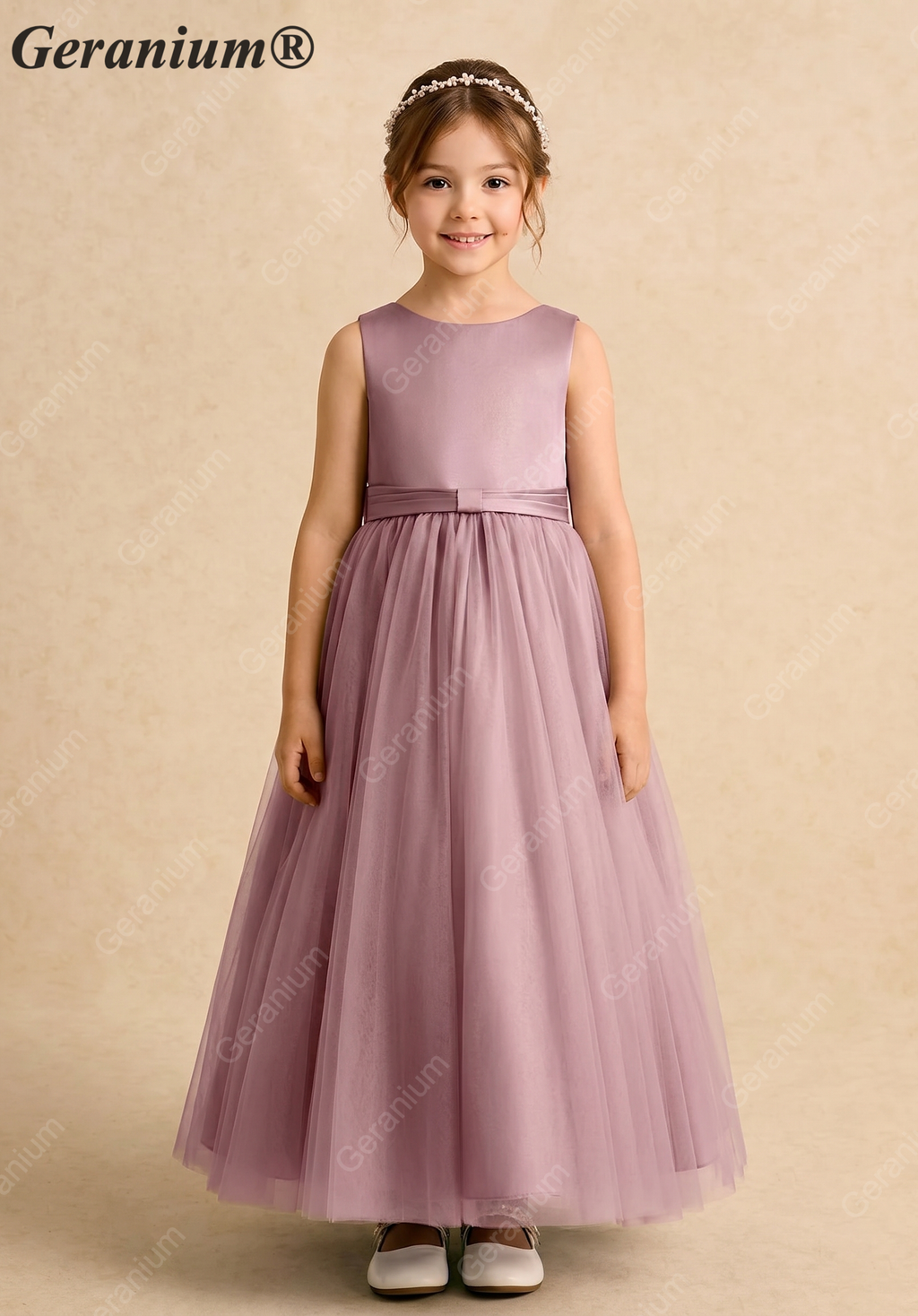 Geranium Dusty Rose Satin & Tulle Flower Girl Dress - Ruffled Tiered Train with Oversized Back Bow KD-190