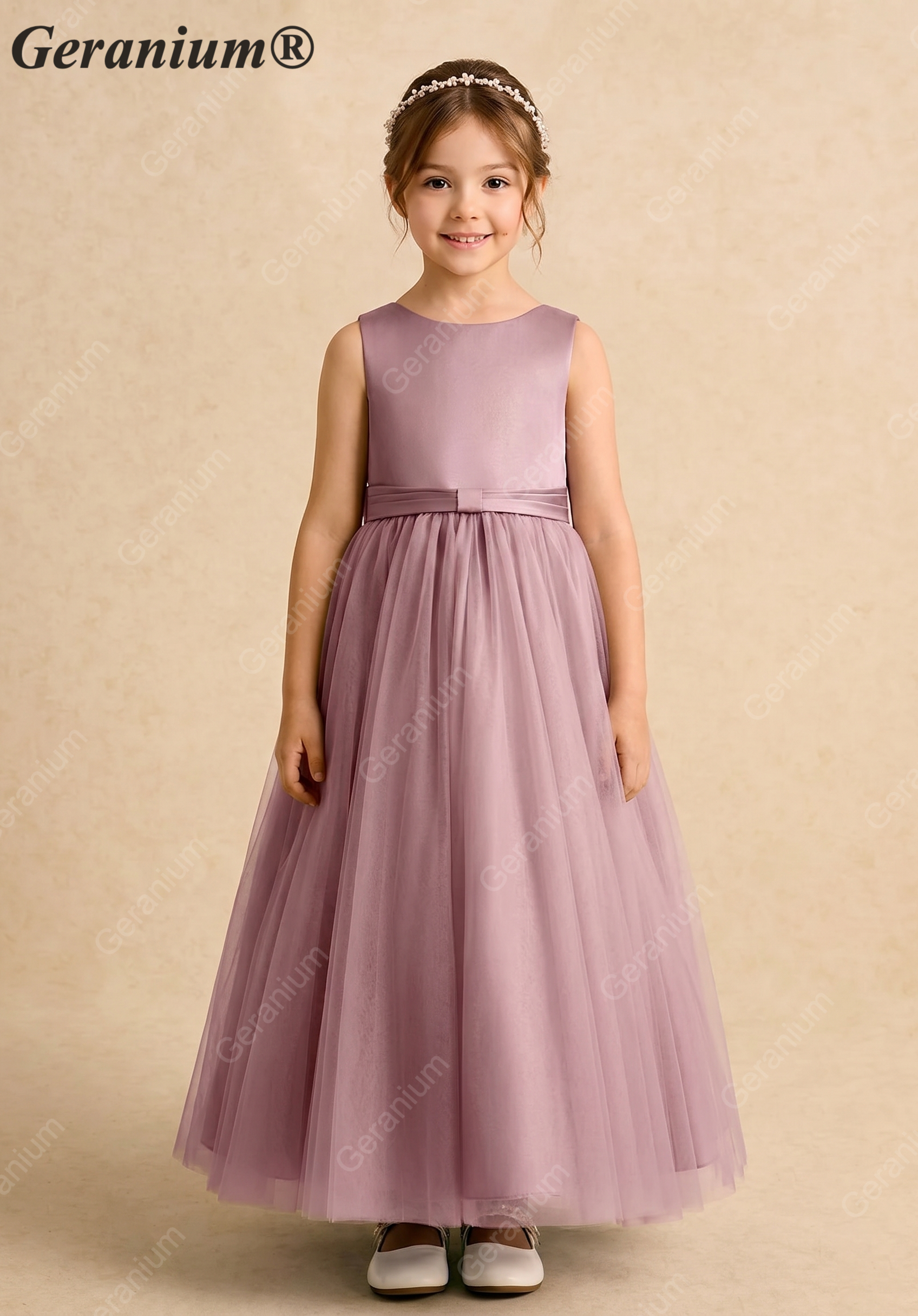 Geranium Dusty Rose Satin & Tulle Flower Girl Dress - Ruffled Tiered Train with Oversized Back Bow KD-190