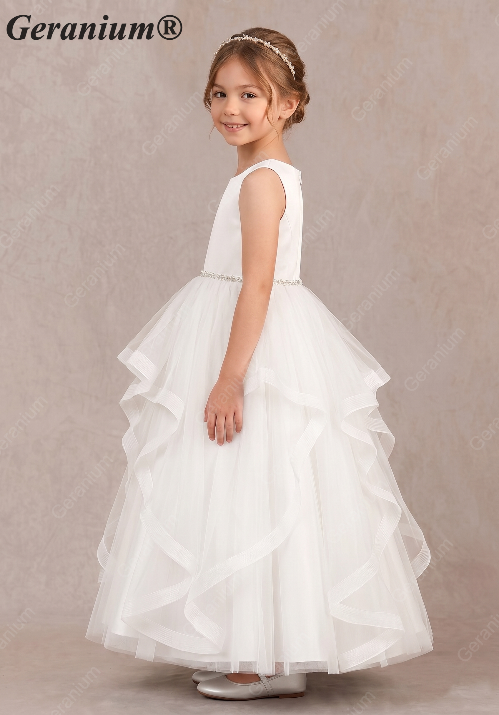 Geranium Sweet Princess Flower Girl Dress - Cascading Tulle Ruffles with Pearl Beaded Waistband KD-262