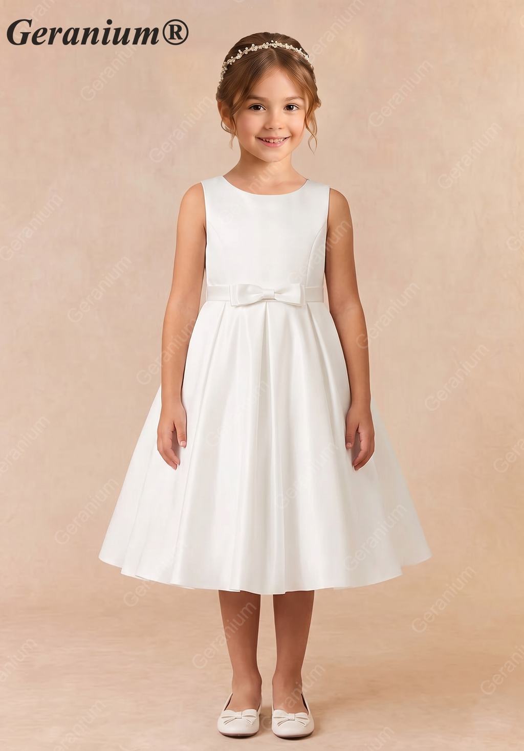 Geranium Elegant Satin Sleeveless Flower Girl Dress with Bow Sash - A-Line First Communion Princess Gown KD-261