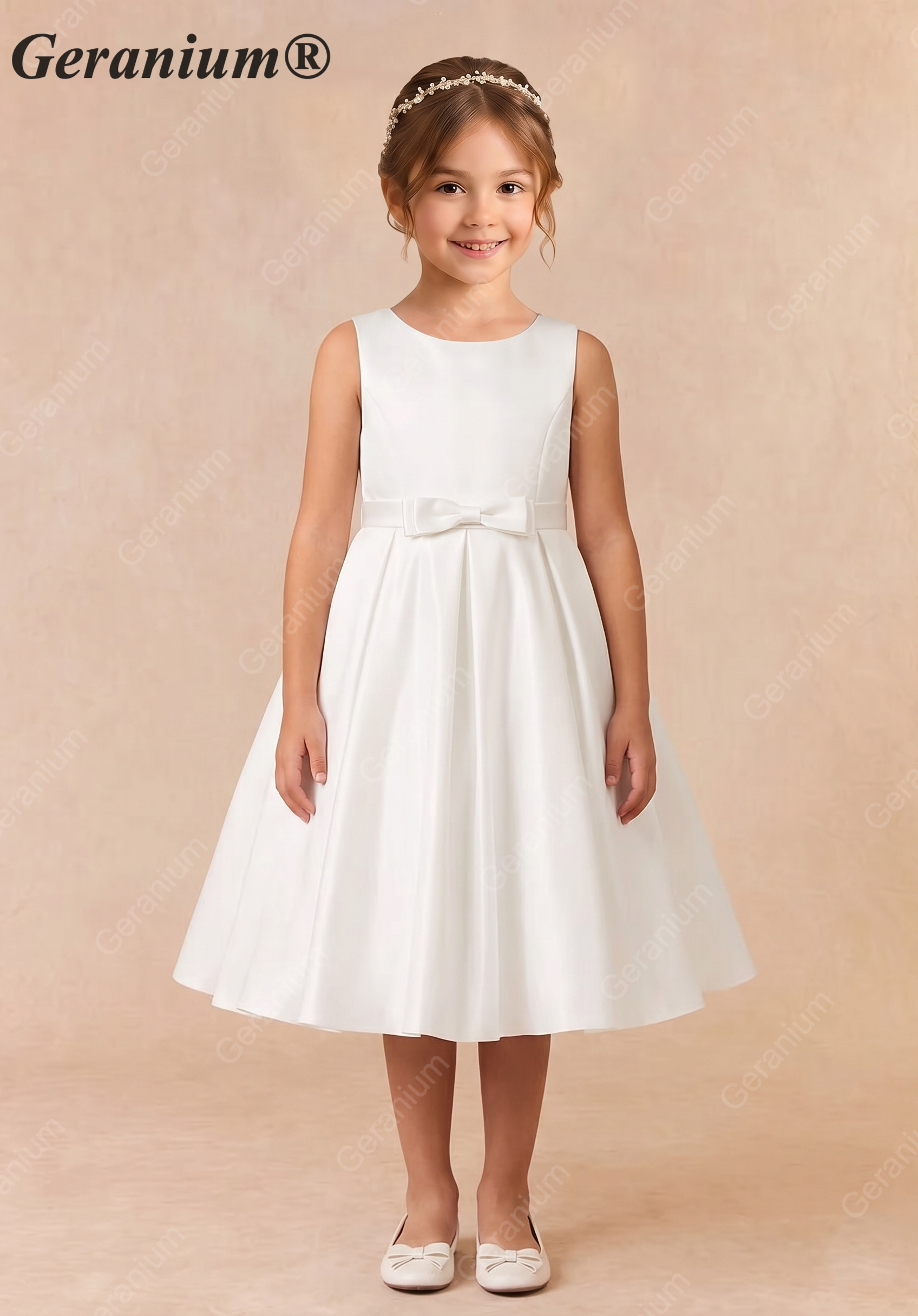 Geranium Elegant Satin Sleeveless Flower Girl Dress with Bow Sash - A-Line First Communion Princess Gown KD-261