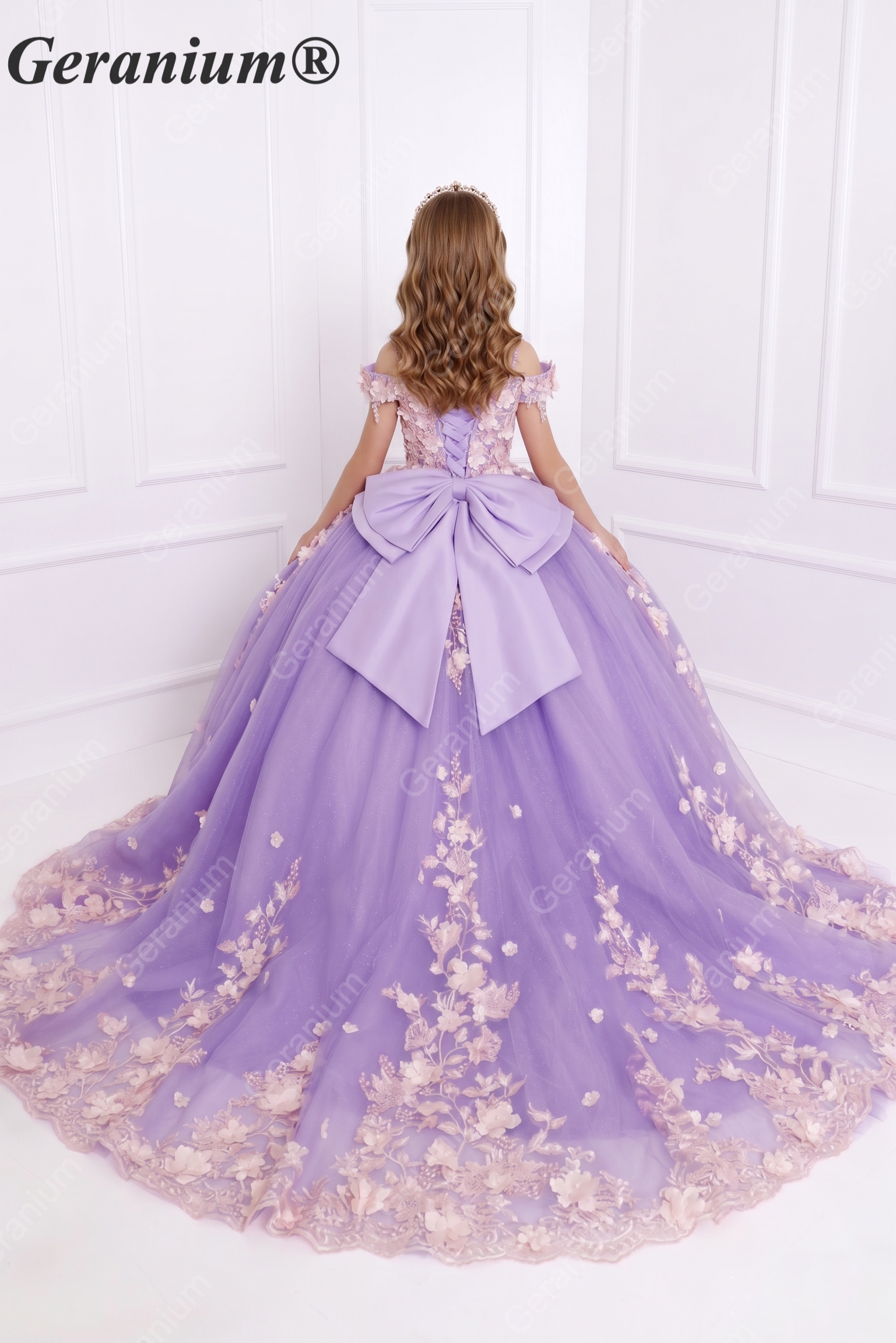 Geranium Elegant Lavender 3D Floral Off-Shoulder Girls Ball Gown Princess Dress KD-382 Secondary image