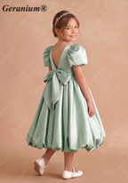 Geranium Elegant Sage Green Bubble Hem Flower Girl Dress with Puff Sleeves & Oversized Back Bow KD-241