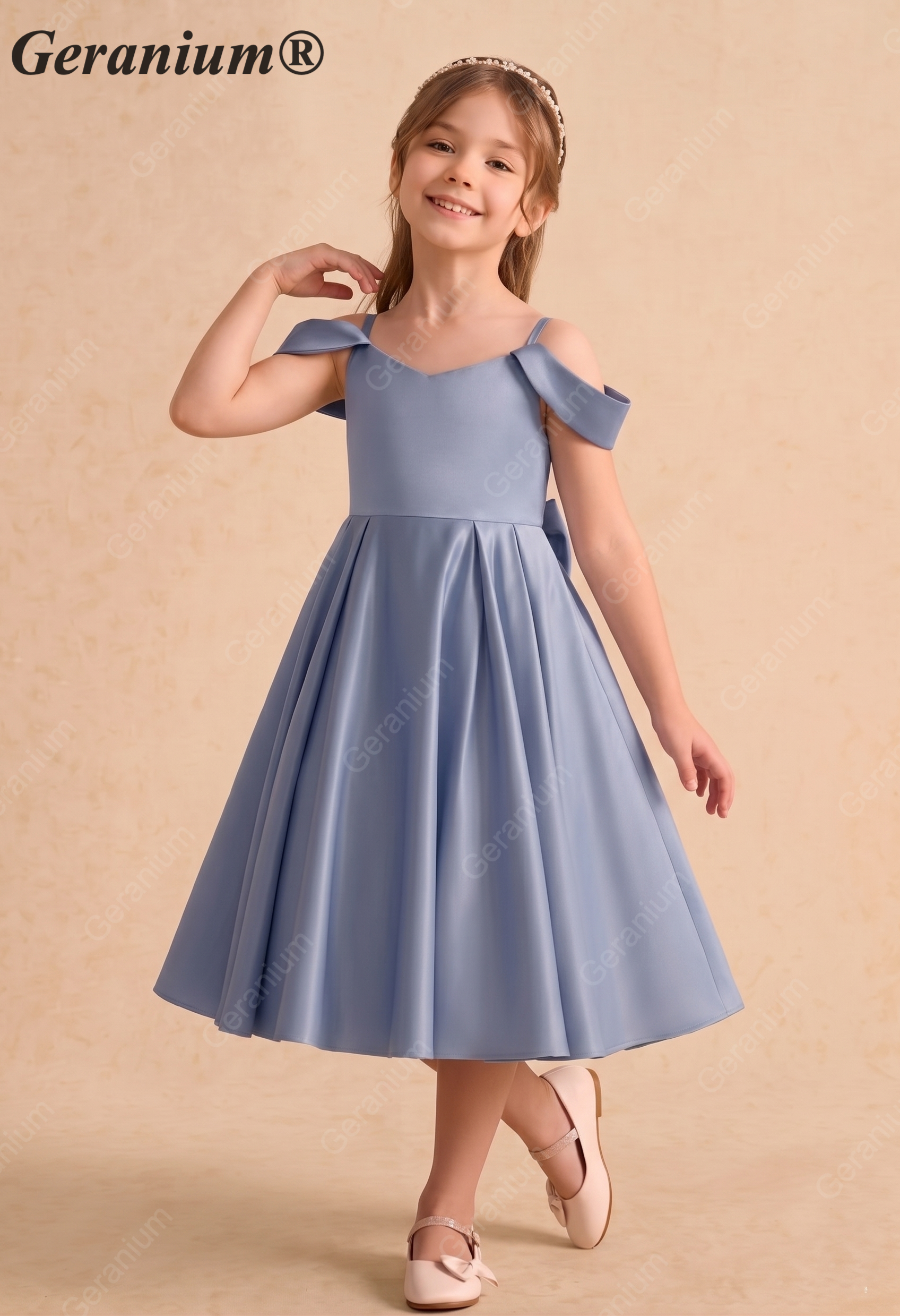 Geranium Elegant Dusty Blue Satin Off-The-Shoulder Flower Girl Dress with Oversized Back Bow KD-257