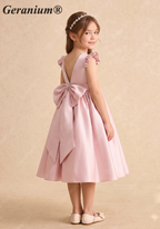 Geranium Elegant Pearl Back Satin Flower Girl Dress with Oversized Bow - Flutter Sleeve Princess Gown KD-229