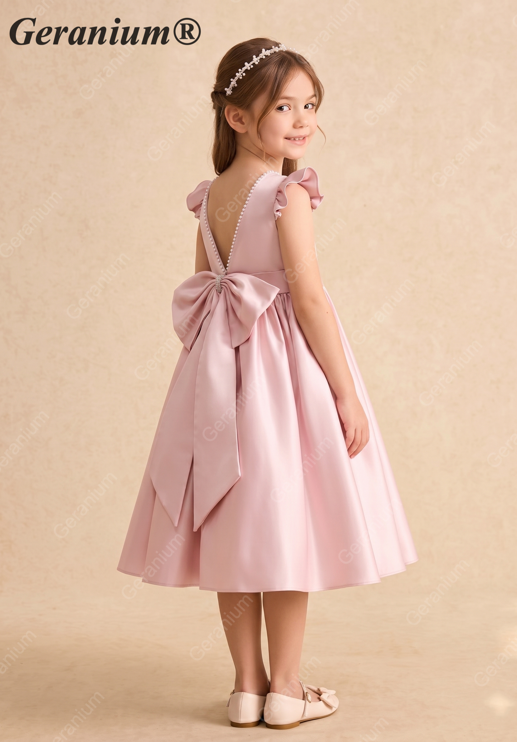 Geranium Elegant Pearl Back Satin Flower Girl Dress with Oversized Bow - Flutter Sleeve Princess Gown KD-229