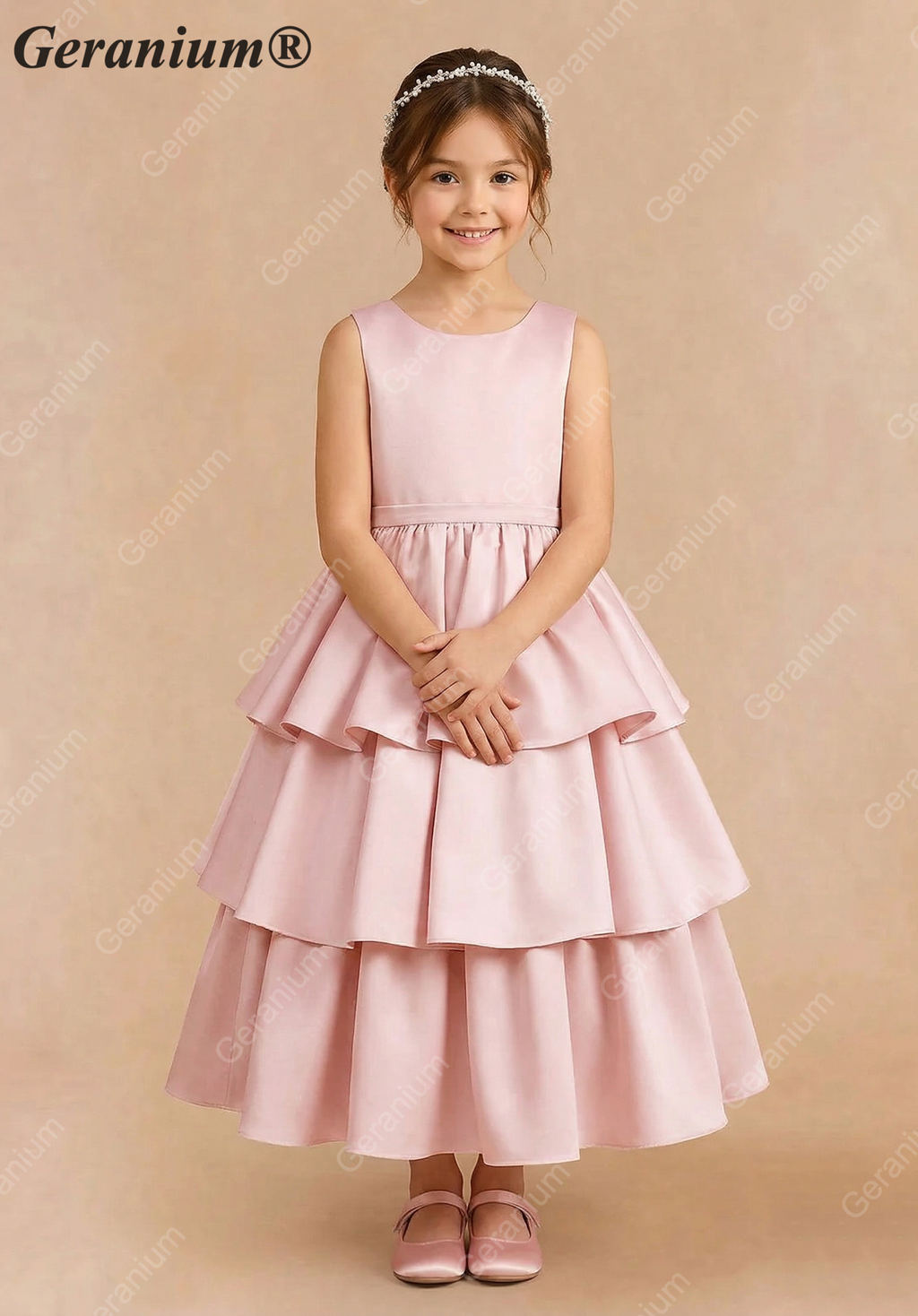 Geranium Elegant Pink Satin Tiered Flower Girl Dress with Oversized Back Bow | Tulle Ruffle Princess Party Gown KD-188