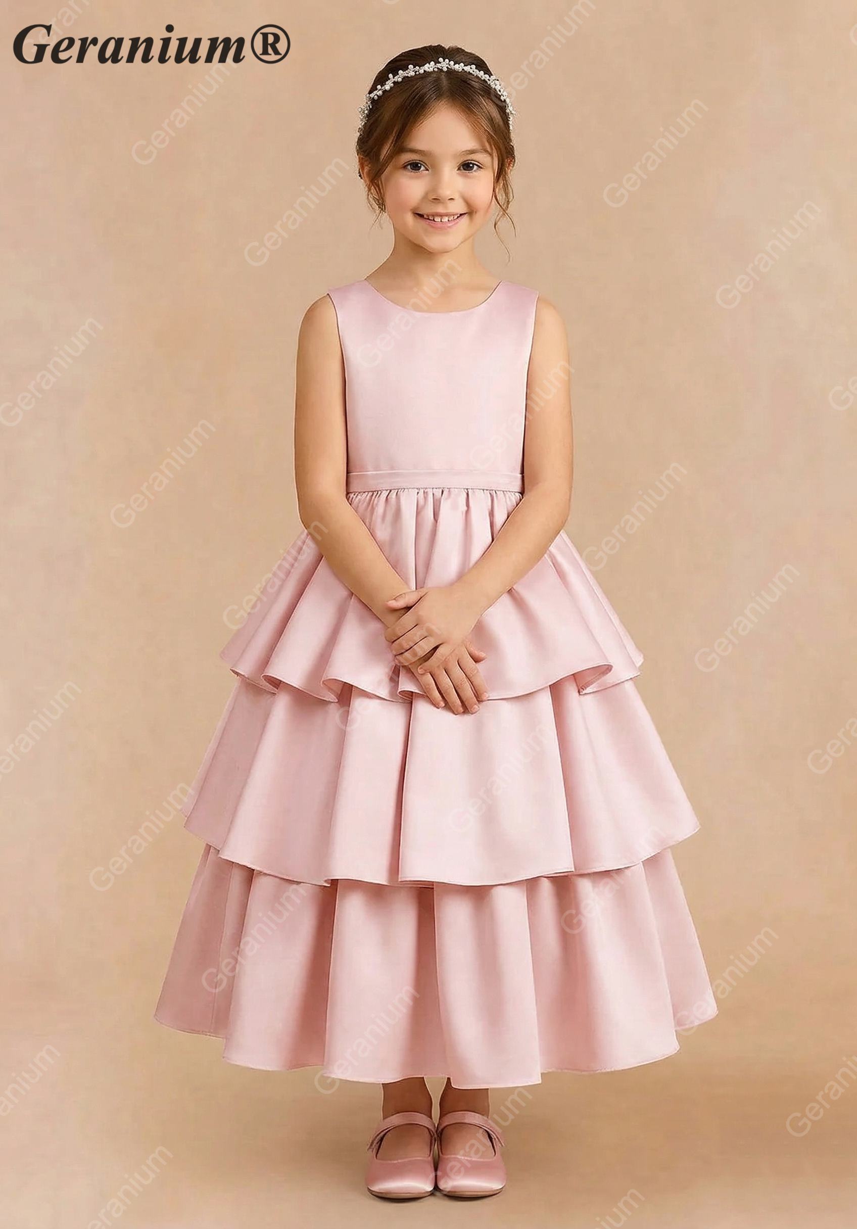 Geranium Elegant Pink Satin Tiered Flower Girl Dress with Oversized Back Bow | Tulle Ruffle Princess Party Gown KD-188