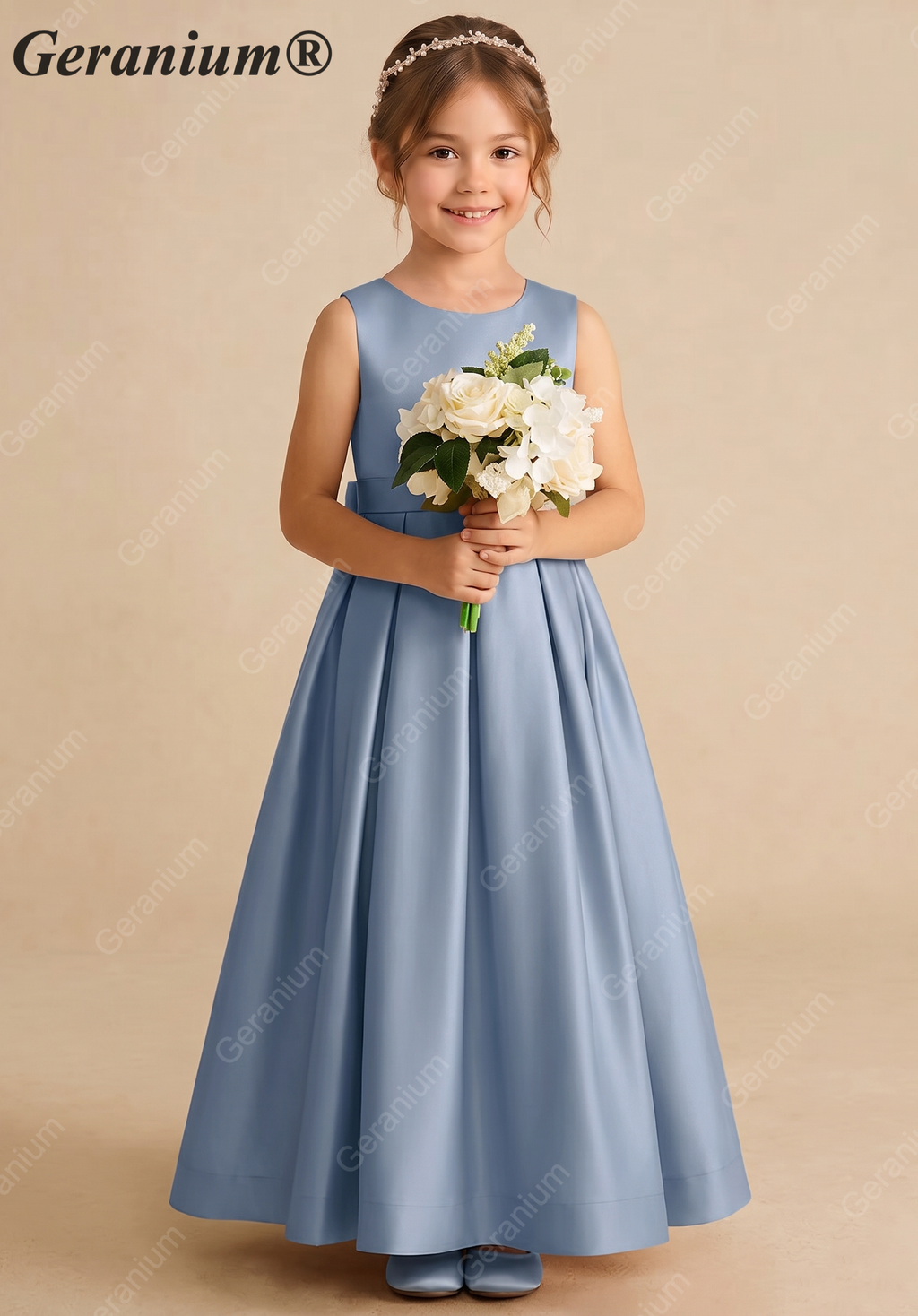 Geranium Elegant Dusty Blue Satin Flower Girl Dress with Oversized Back Bow - Pleated A-Line Junior Bridesmaid Gown KD-270