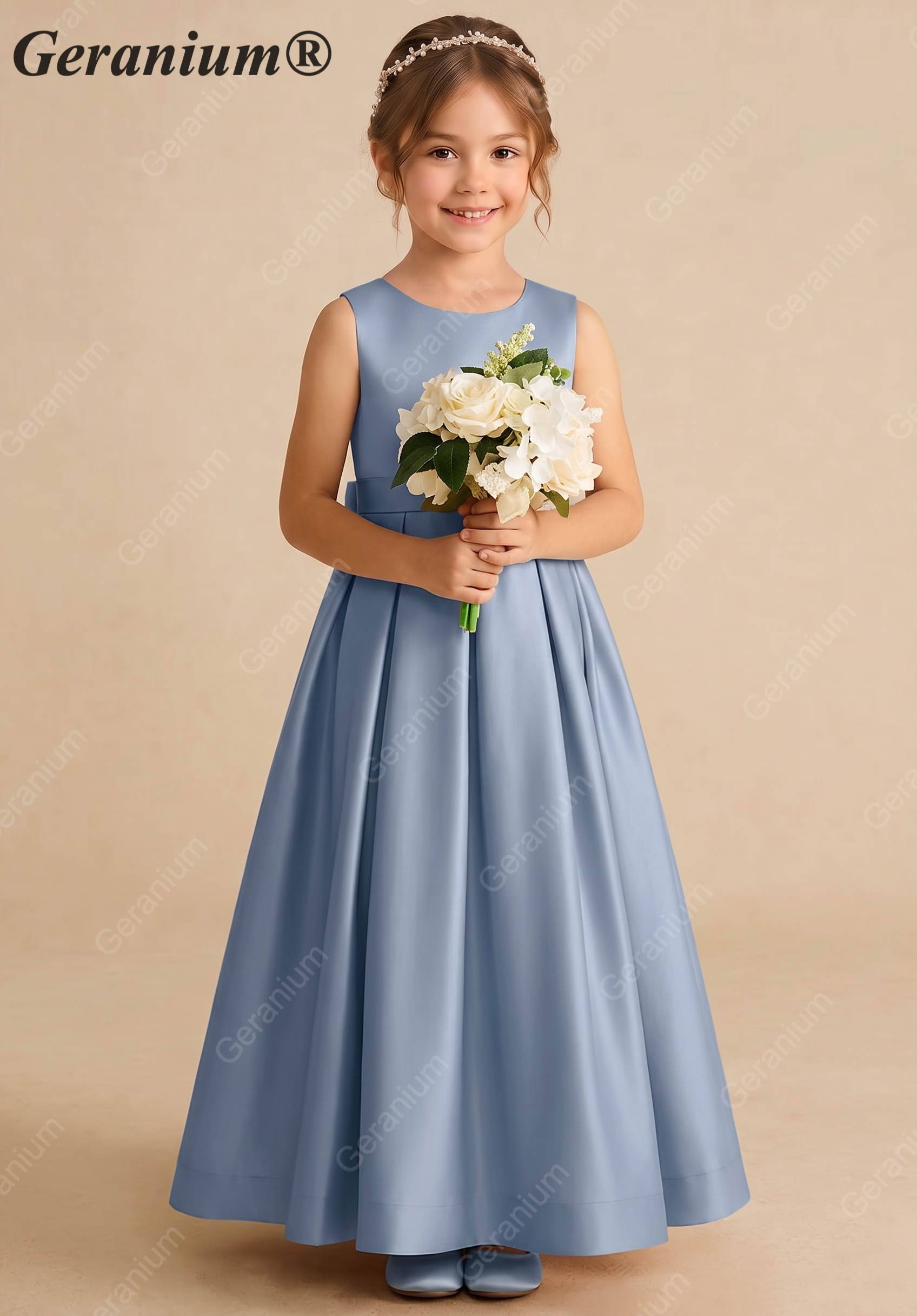 Geranium Elegant Dusty Blue Satin Flower Girl Dress with Oversized Back Bow - Pleated A-Line Junior Bridesmaid Gown KD-270