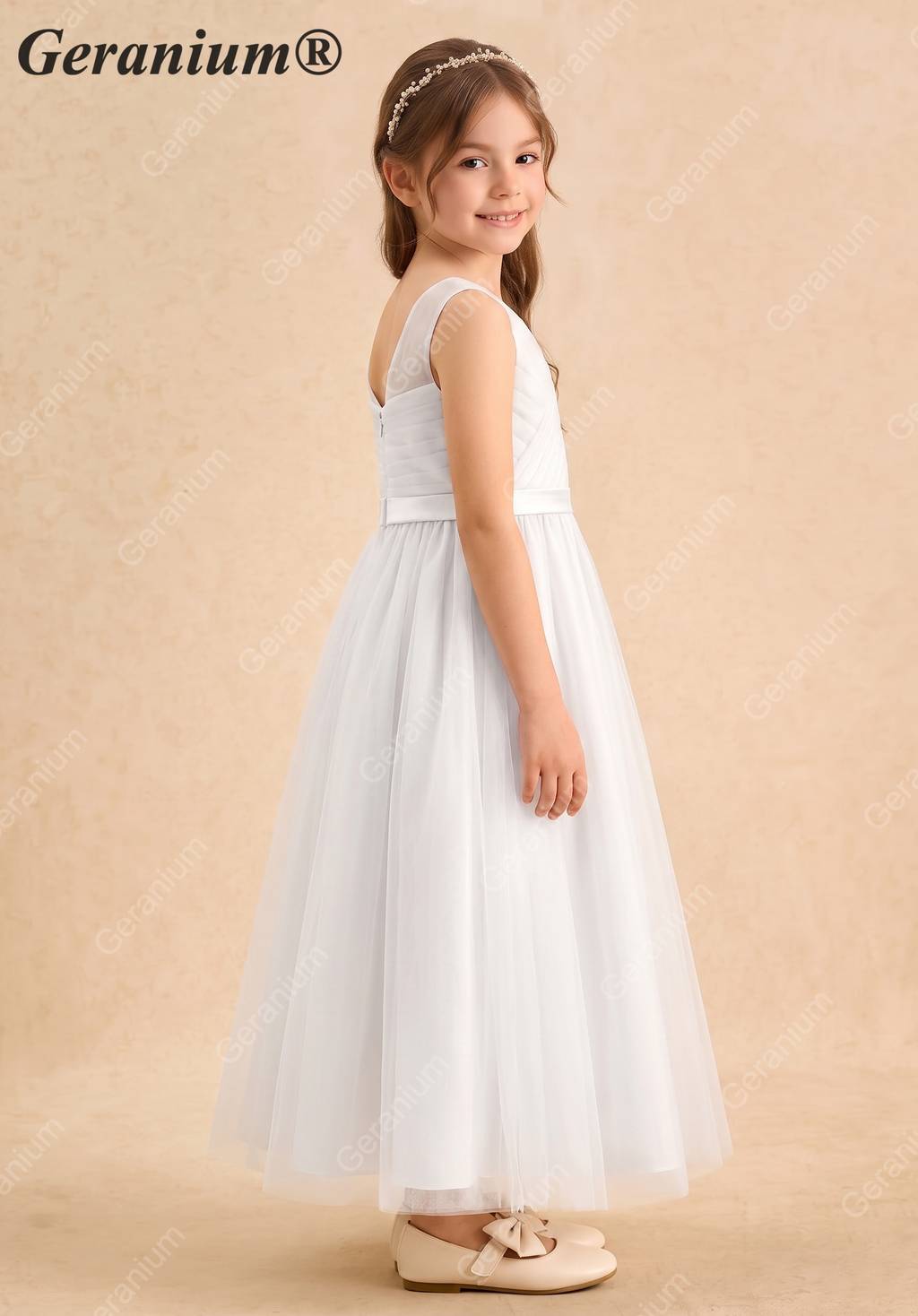 Geranium Elegant V-Neck Ruched Tulle Flower Girl Dress - Sleeveless Princess A-Line Gown for Weddings & Parties KD-225