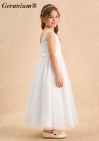 Geranium Elegant V-Neck Ruched Tulle Flower Girl Dress - Sleeveless Princess A-Line Gown for Weddings & Parties KD-225