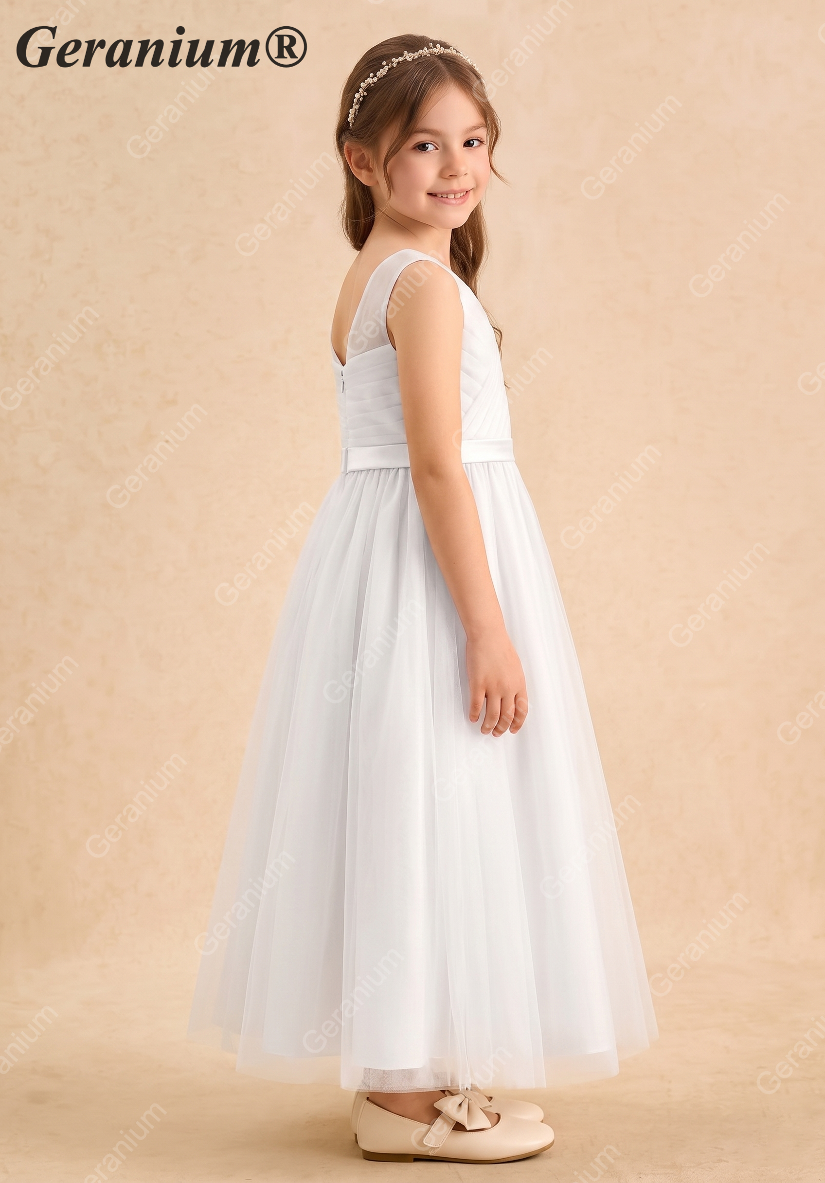Geranium Elegant V-Neck Ruched Tulle Flower Girl Dress - Sleeveless Princess A-Line Gown for Weddings & Parties KD-225