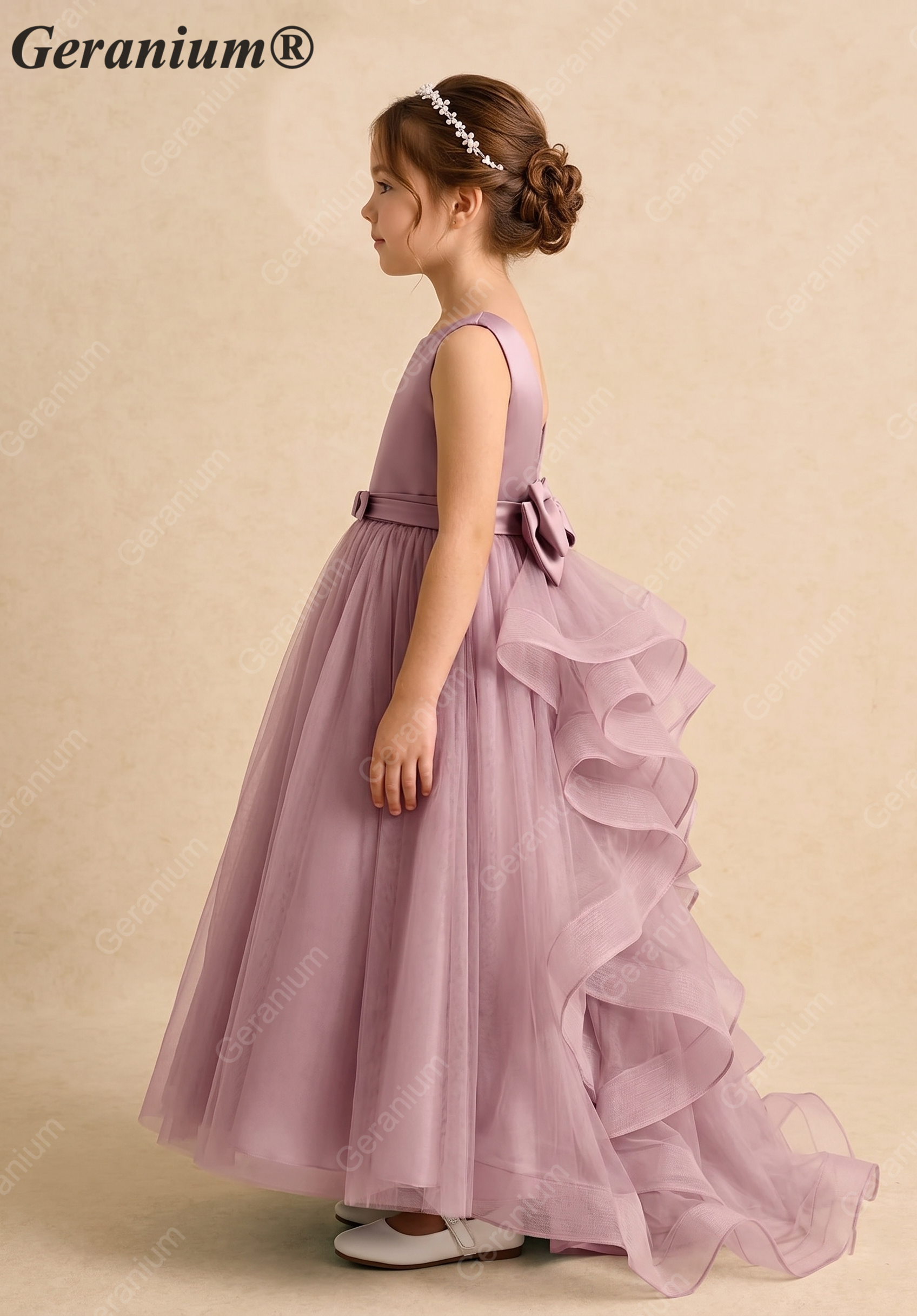 Geranium Dusty Rose Satin & Tulle Flower Girl Dress - Ruffled Tiered Train with Oversized Back Bow KD-190