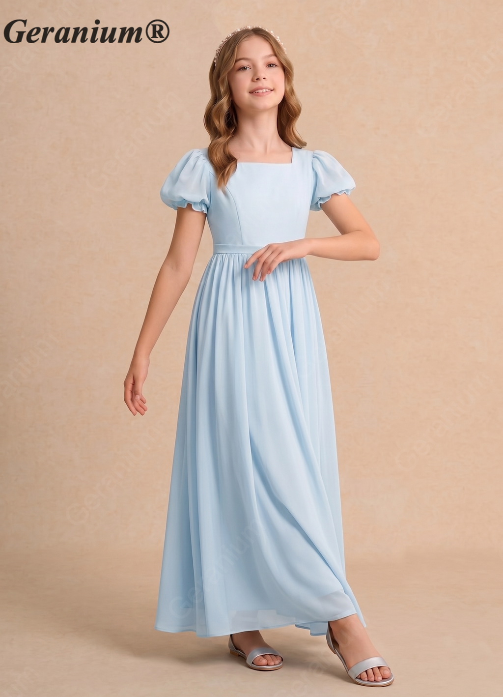 Geranium Dusty Blue Chiffon Junior Bridesmaid Dress with Puff Sleeves & Bow Back Tie KD-134