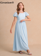 Geranium Dusty Blue Chiffon Junior Bridesmaid Dress with Puff Sleeves & Bow Back Tie KD-134