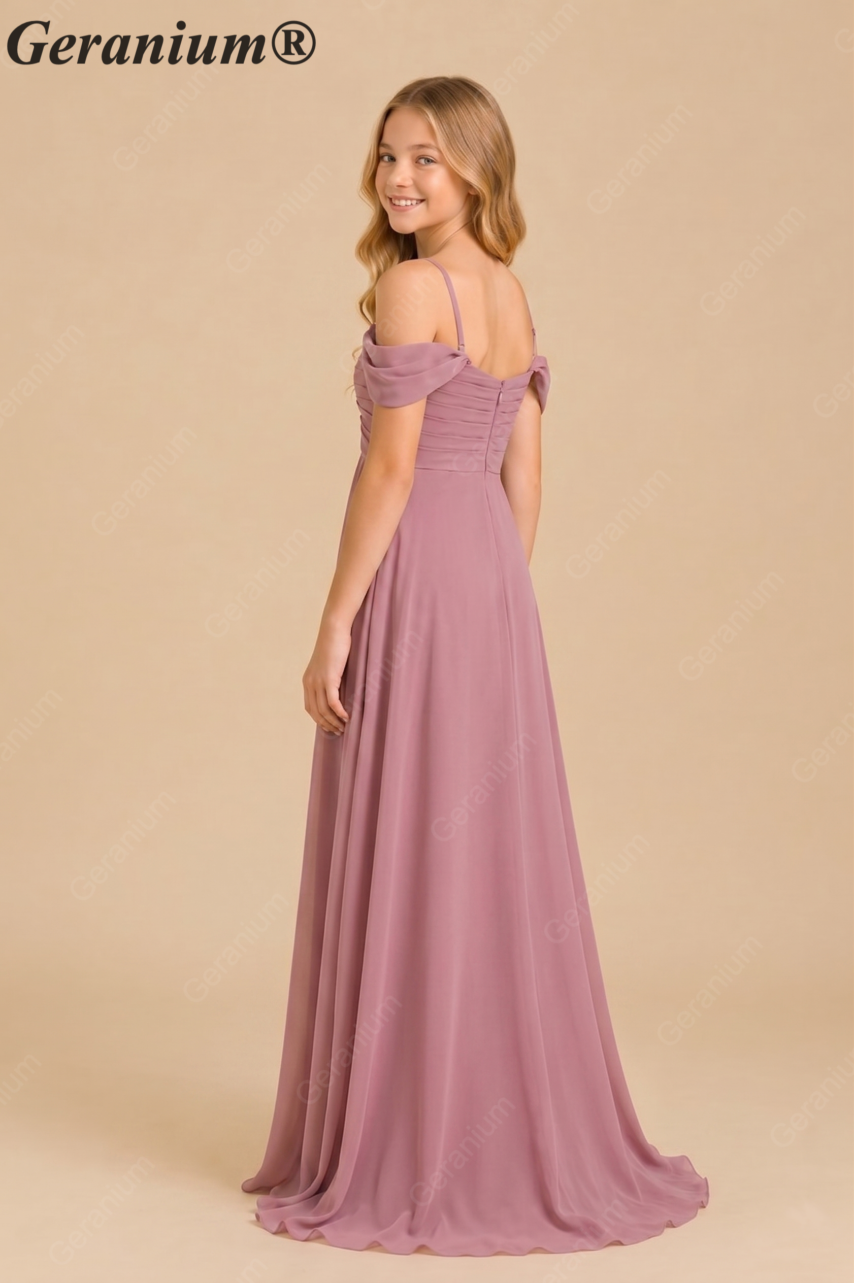 Geranium Elegant Chiffon Off-the-Shoulder Junior Bridesmaid Dress with Twisted Bodice KD-335