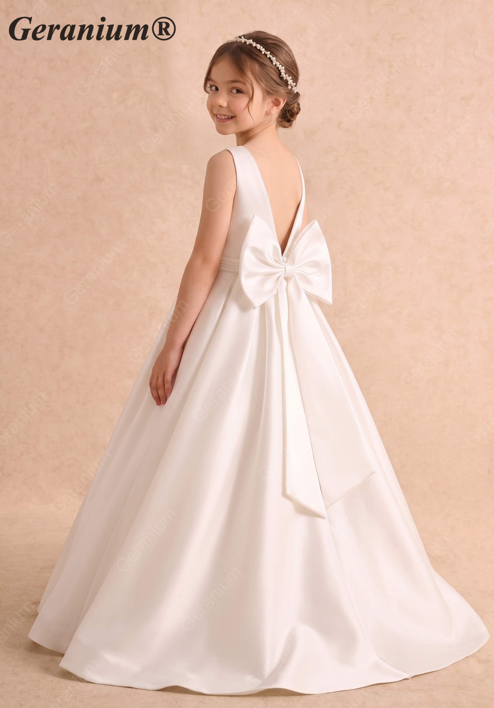 Gearanium Elegant Pearl Belt Satin Flower Girl Dress with Oversized Back Bow - Sleeveless A-Line Communion Gown KD-290