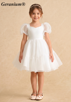 Geranium Heart Back Puff Sleeve Flower Girl Dress - Elegant Tulle Princess Party Gown KD-294