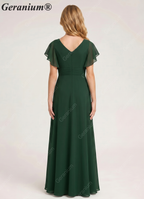 Geranium Elegant V-Neck Flutter Sleeve Chiffon Junior Bridesmaid Dress Long KD-320